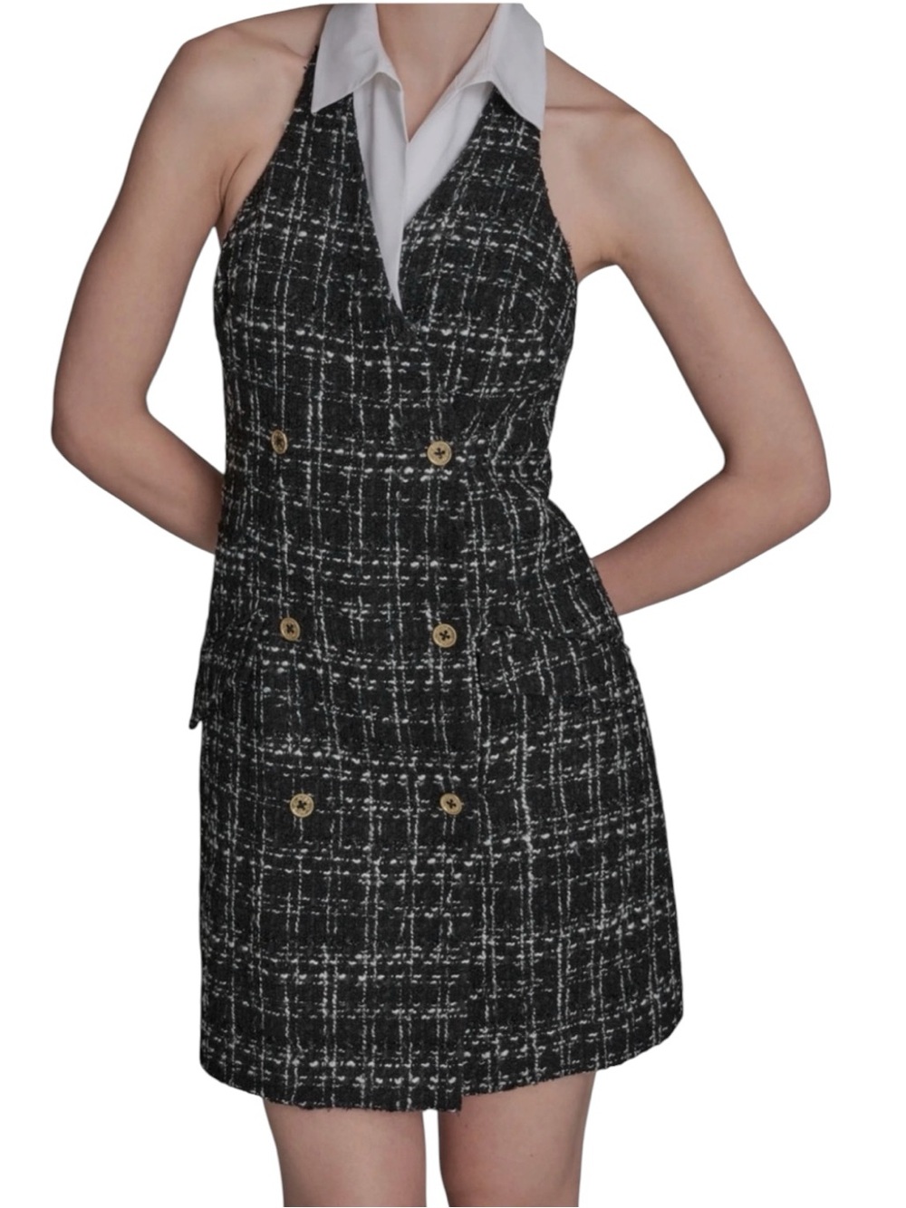 BCBG Sleeveless Black & White Tweed Halter Dress w/ Gold Buttons, Faux Pockets